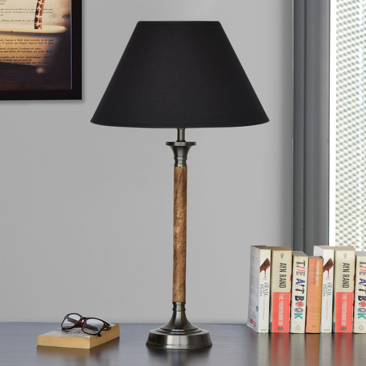 Detec Brown And Metal Grey Stand With Black Shade Table Lamp