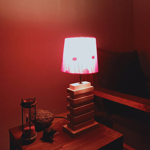 Truffle Beige Wooden Table Lamp with Red Printed Fabric Lampshade
