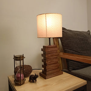 Truffle Brown Wooden Table Lamp with Yellow Printed Fabric Lampshade