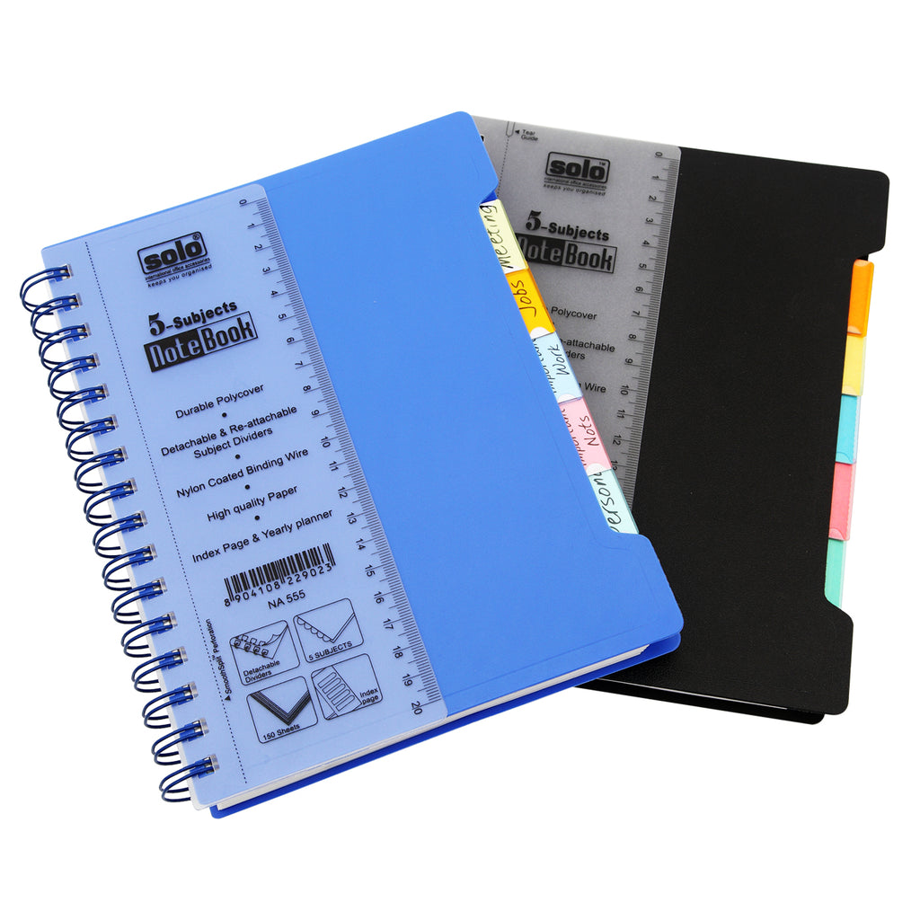 Detec™ Solo 5-Subjects Note Book 300 Pages Plastic Dividers A5 NA555 Pack of 10