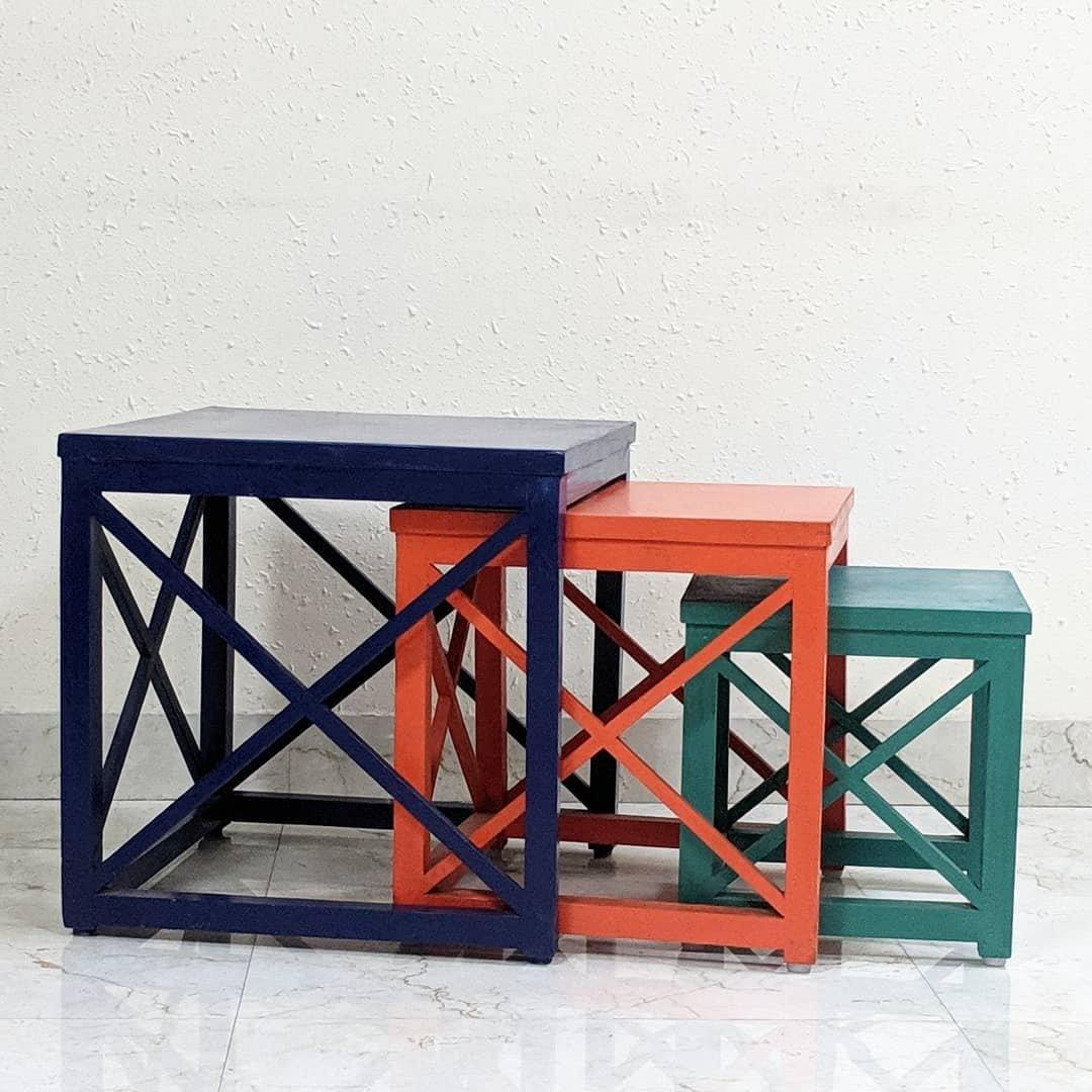 Elegant Crisscross Designed Multipurpose Side Table Blue, Orange & Turquoise Color - Set of 3 (Model: 232) - Detech Devices Private Limited