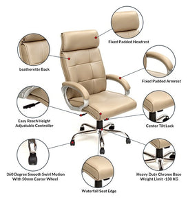 Detec™ Perfect Leatherette Office Chair with High Back , Fixed Comfortable Arm Rest in Cream Colour
