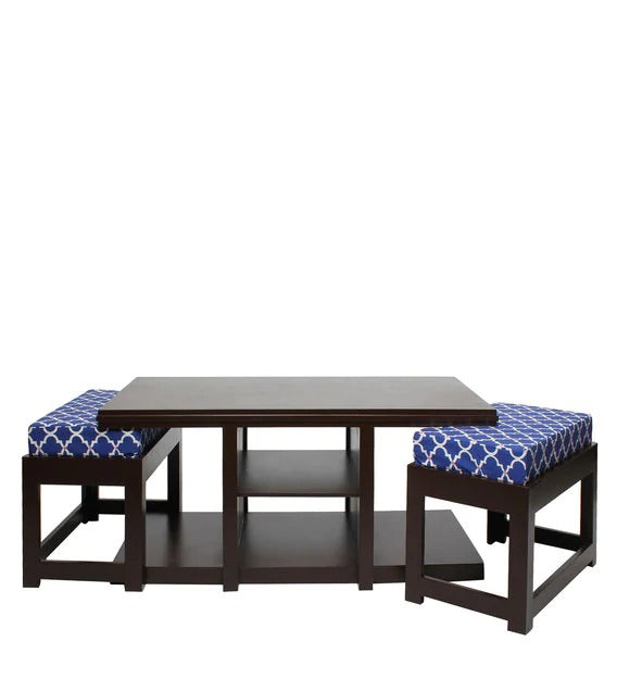 Detec™ कॉफ़ी टेबल 2 कुशन वाले स्टूल के साथ - इंडिगो रंग