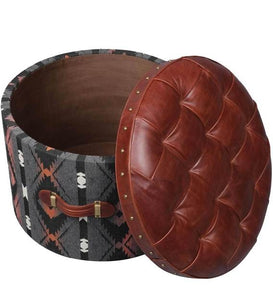 Detec™ Feliks Leather Traditional Textile Round Ottoman with Storage - Brown Color