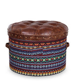 Load image into Gallery viewer, Detec™ Feodora Multicolor Textile Round Ottoman - Vintage Brown Leather
