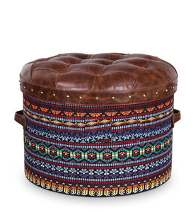Detec™ Feodora Multicolor Textile Round Ottoman - Vintage Brown Leather