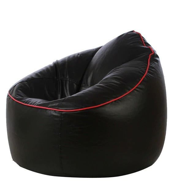 Detec™ Bean Bag & Round Pouffe with Beans - Black Color with Pink Piping
