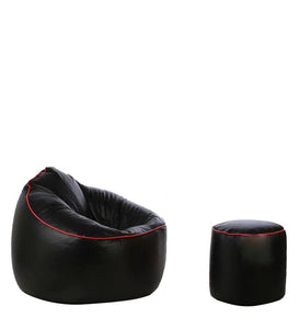 Detec™ Bean Bag & Round Pouffe with Beans - Black Color with Pink Piping