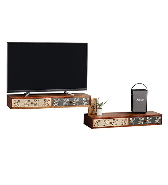 Detec™ Wall Mounted TV Units (Set of 2) with 2 Wall Shelves - Teak Finish