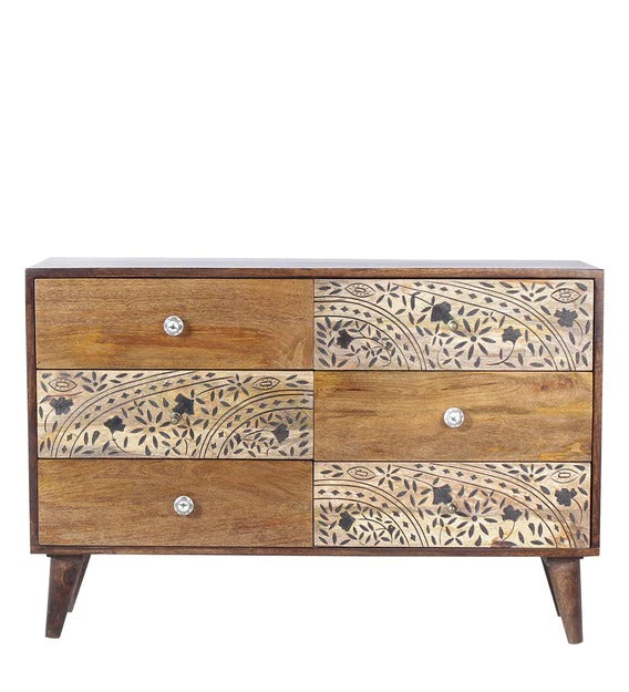 Detec™  Hand Carved Chest of Drawers - Walnut Finish