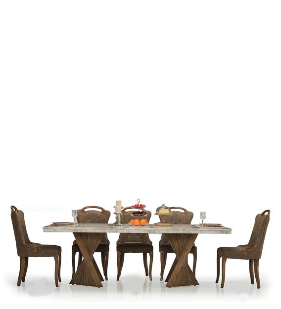 Detec™ 8 Seater Marble Top Dining Set in Brown Colour