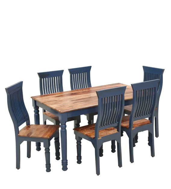 Detec™ Solid Wood 6 Seater Dining Set In Blue & Natural Finish