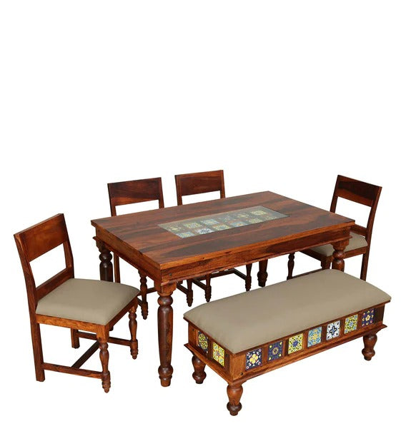 Detec™ Solid Wood 6 Seater Dining Set with Upholstered Chair & Bench in Honey Oak Finish- Mudramark