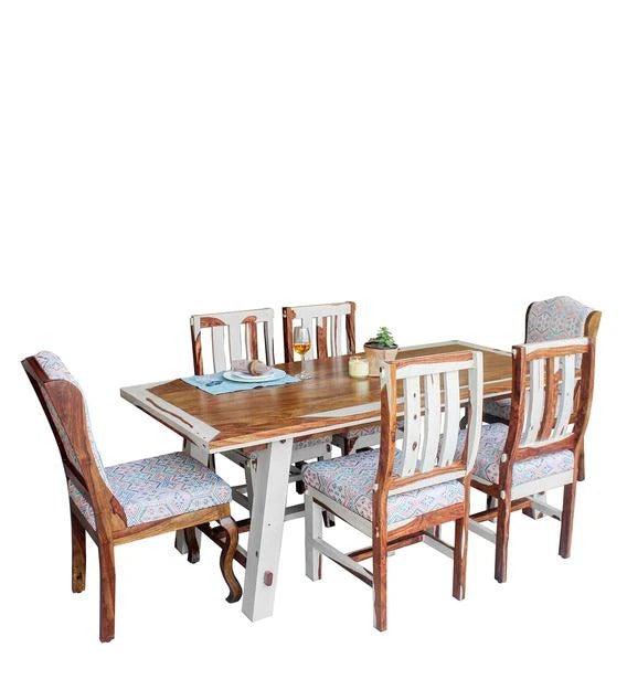 Detec™ 6 Seater Dining Set in Teak & Off White Finish