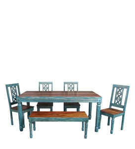 Detec™ 6 Seater Large Dining Set in Distress Blue & Teak Finish