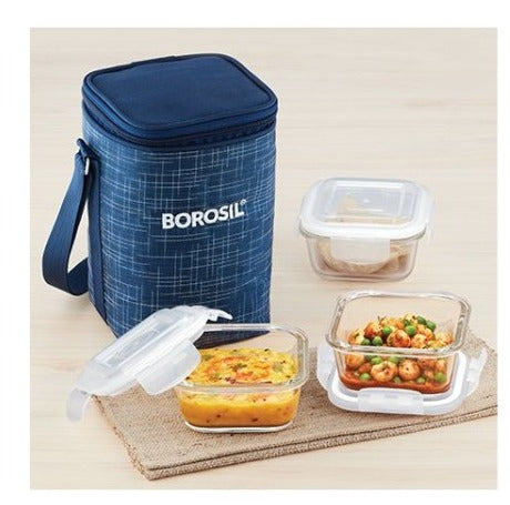 Detec™ Borosil 3 Square Microwavable Glass Lunch Box (D'sign)