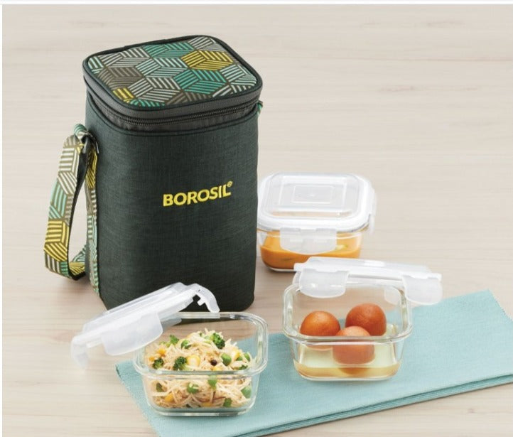 Detec™ Borosil 3 Square Microwavable Glass Lunch Box (Foodluck Olive)