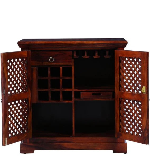 Detec™ Solid Wood Modern Bar Cabinet In Honey Oak Finish