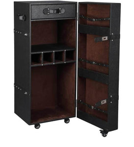 Detec™ Leather Trunk Bar Cabinet on Wheels in Black Colour