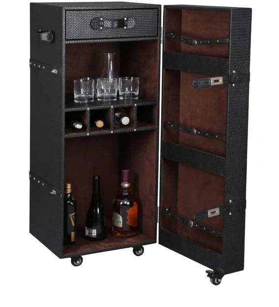 Detec™ Leather Trunk Bar Cabinet on Wheels in Black Colour