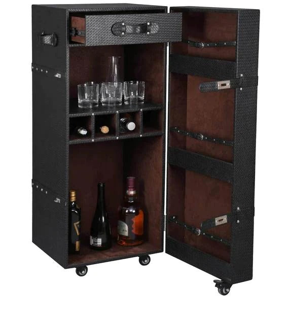 Detec™ Leather Trunk Bar Cabinet on Wheels in Black Colour