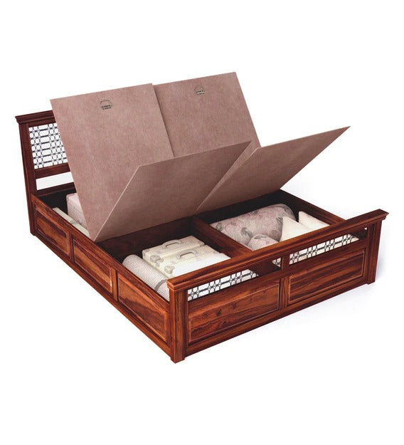 Detec™ Solid Wood Queen Size Bed with Storage in Honey Oak Finish