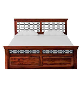 Detec™ Solid Wood Queen Size Bed with Storage in Honey Oak Finish