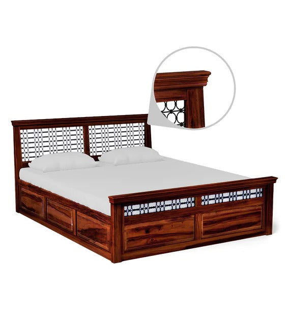 Detec™ Solid Wood Queen Size Bed with Storage in Honey Oak Finish