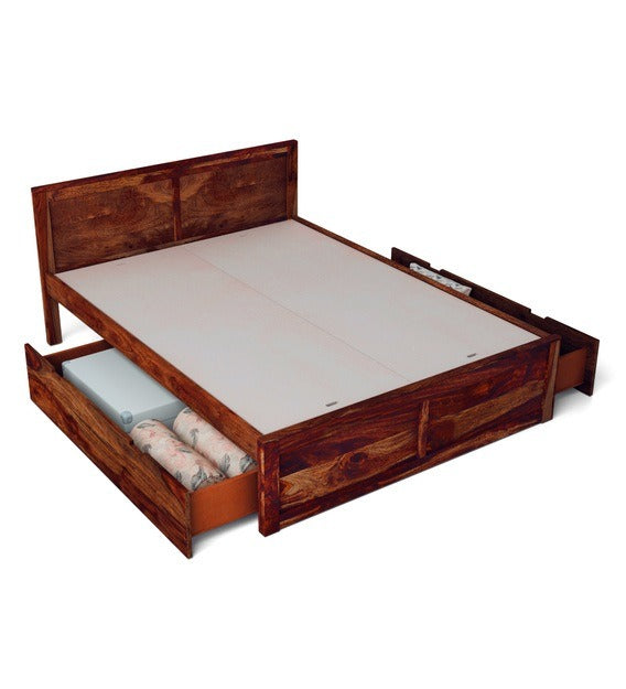 Detec™ Solid Wood Queen Size Bed with Storage in Honey oak Finish