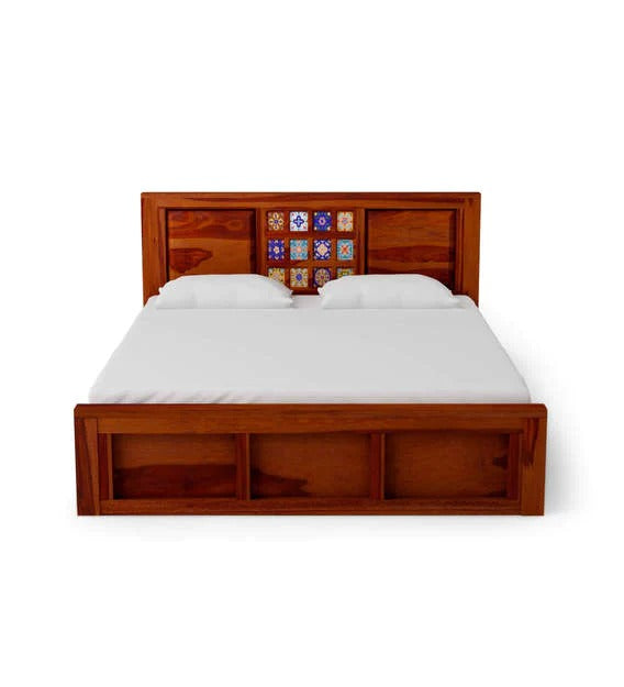 Detec™ Solid Wood Queen Size Bed With Storage In Honey Oak Finish