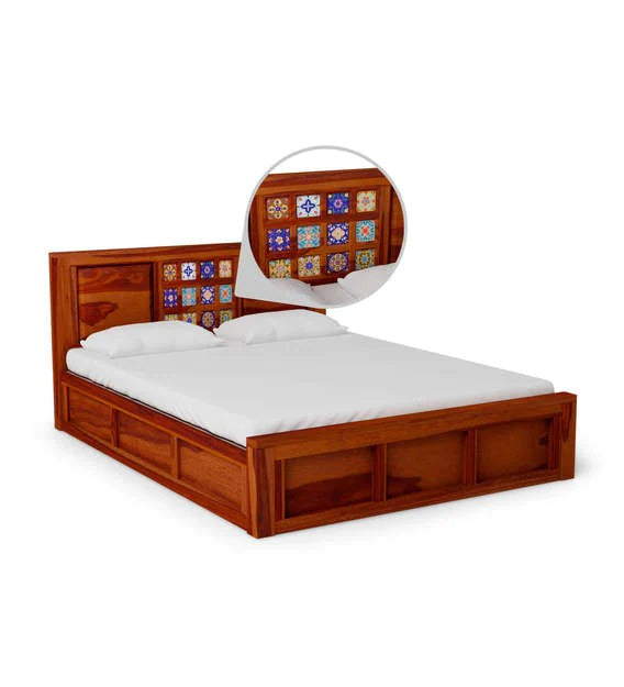 Detec™ Solid Wood Queen Size Bed With Storage In Honey Oak Finish
