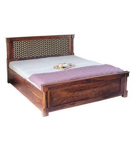 Detec™ Queen Size Hand Painted Bed with Storage in Teak Finish