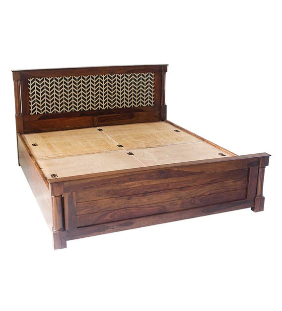 Detec™ Queen Size Hand Painted Bed with Storage in Teak Finish