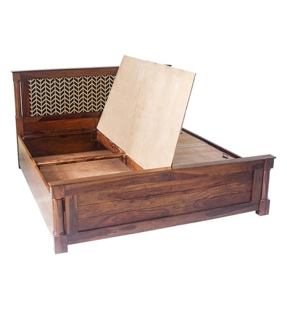 Detec™ Queen Size Hand Painted Bed with Storage in Teak Finish