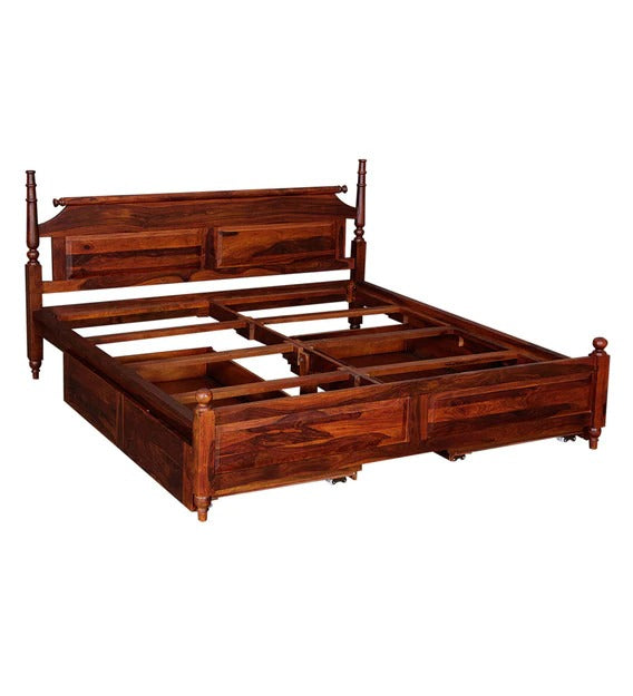 Detec™ Solid Wood Queen Size Bed with Storage in Honey Oak Finish