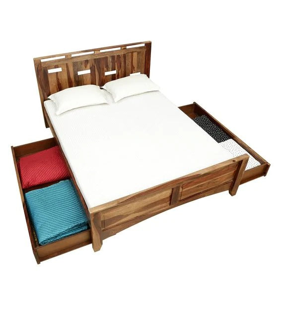 Detec™ Solid Wood Queen Size Bed With Storage In Rustic Teak Finish