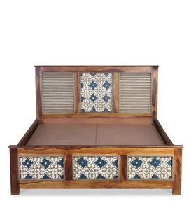 Detec™ Hand Painted Queen Size Bed with Storage in Teak Finish