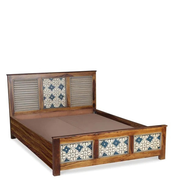 Detec™ Hand Painted Queen Size Bed with Storage in Teak Finish