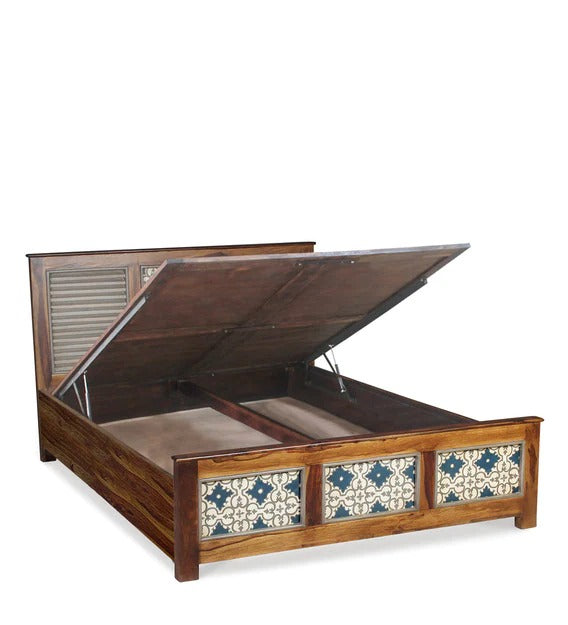 Detec™ Hand Painted Queen Size Bed with Storage in Teak Finish
