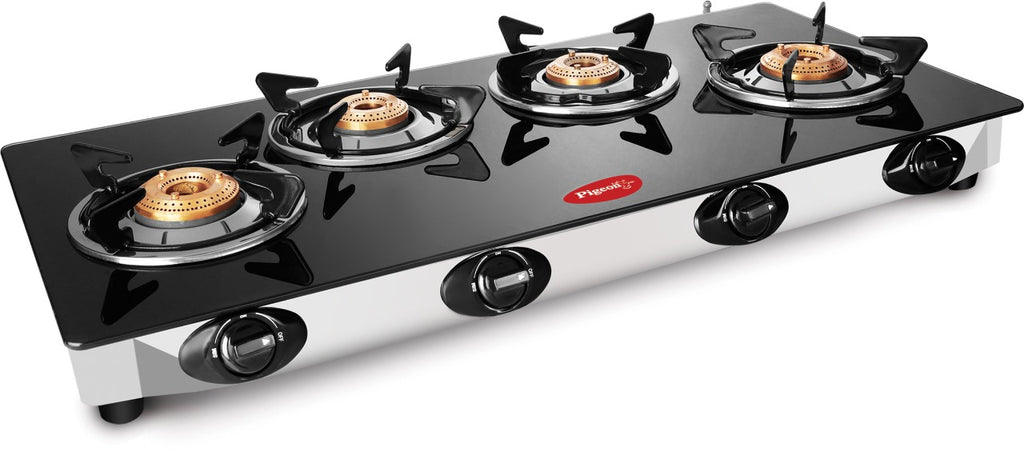 Pigeon by Stovekraft Favourite Glass Top 4 Burner Gas Stove, Manual Ignition, black