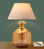 Load image into Gallery viewer, Detec White Cotton Shade Table Lamp with Amber Luster Glass Base
