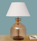 Load image into Gallery viewer, Detec White Cotton Shade Table Lamp with Amber Luster Glass Base
