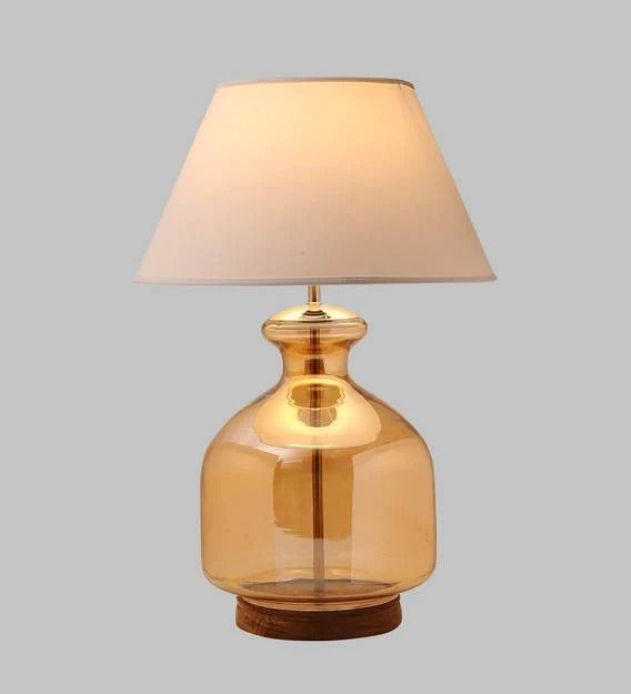 Detec White Cotton Shade Table Lamp with Amber Luster Glass Base