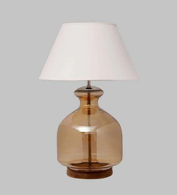 Detec White Cotton Shade Table Lamp with Amber Luster Glass Base