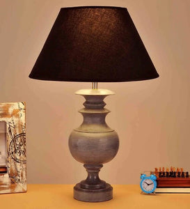 Detec Petunia Grey Wood Black Cottan Fabric Shade Table Lamp with Grey Base