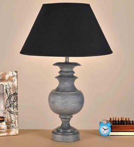 Detec Petunia Grey Wood Black Cottan Fabric Shade Table Lamp with Grey Base