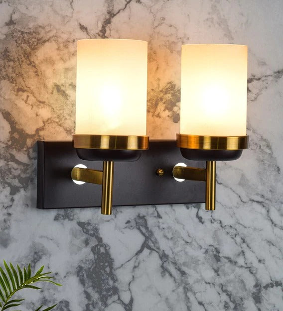 Detec Porsch Opal Glass Brass n Black Double Shade Wall Light