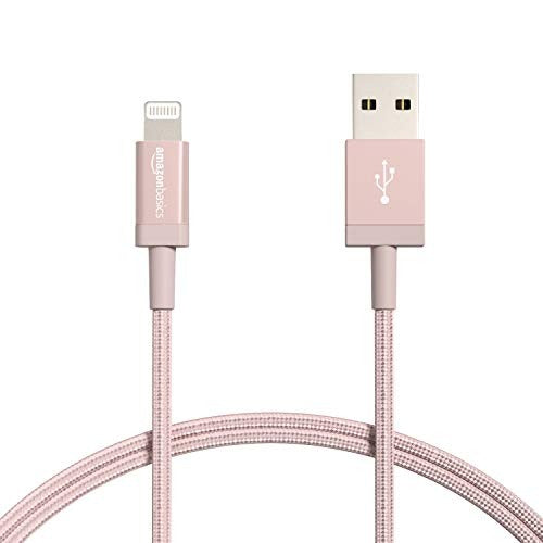 Open Box, Unused Amazon Basics Nylon USB-A to Lightning Cable Cord, MFi Certified Charger for Apple iPhone, iPad, Rose Gold, 3-Ft