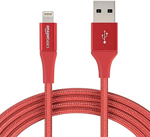 Open Box, Unused AmazonBasics Double Braided Nylon Lightning to USB A Cable, Advanced Collection - Apple MFi Certified iPhone Charger - Red, 10-Foot