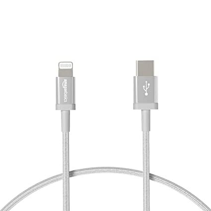 Open Box, Unused AmazonBasics Nylon Braided USB-C to Lightning Cable, MFi Certified iPhone Charger - Silver, 1-Foot